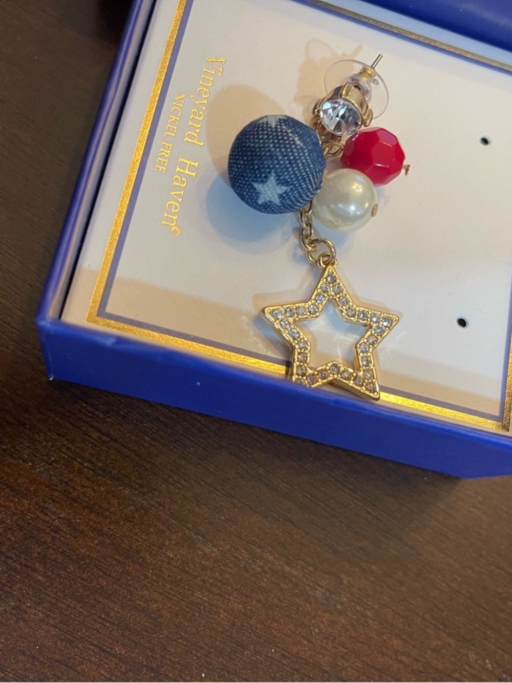 Gold Star Drop Earrings with Red, Navy & Pearl Accents - Picture 2 of 4